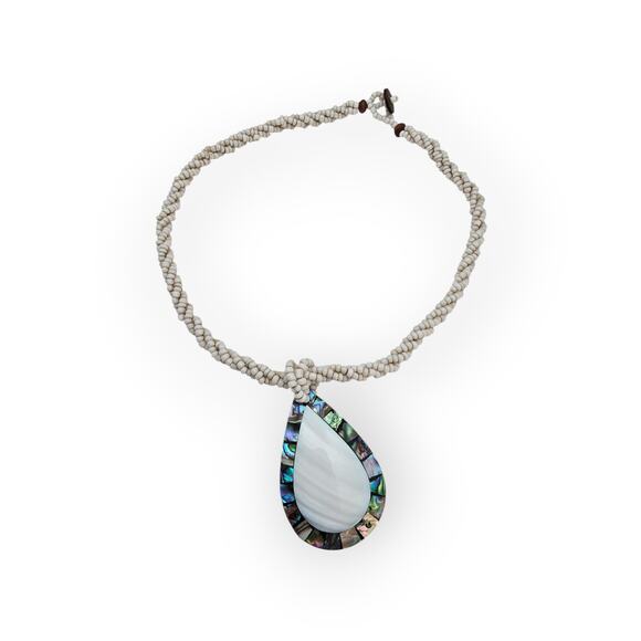 Boho Abalone Mosaic Teardrop Pendant Necklace – White Beaded Rope - Picture 6 of 10